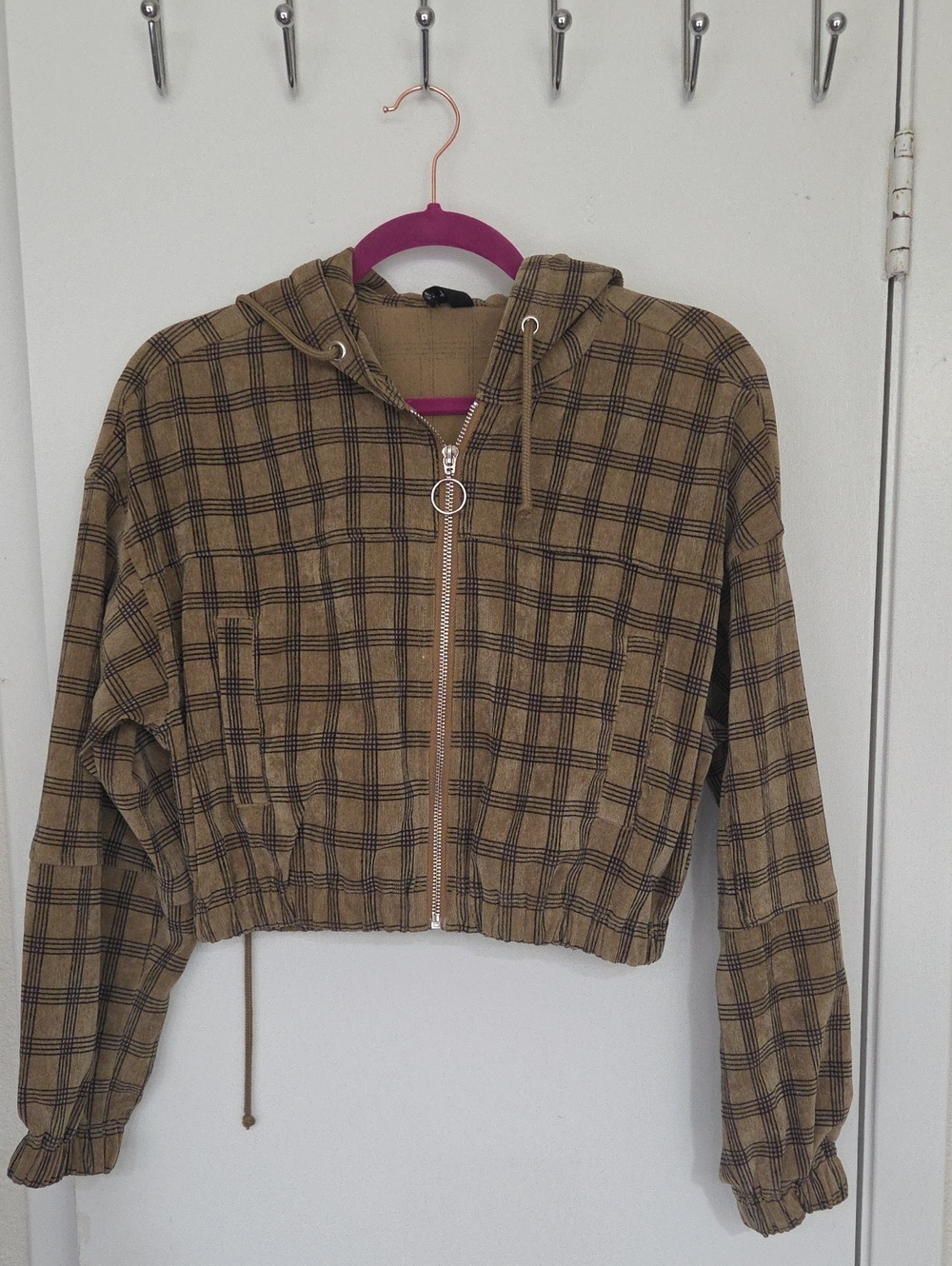 Cropped Plaid Hooded Zip Jacket - Tan